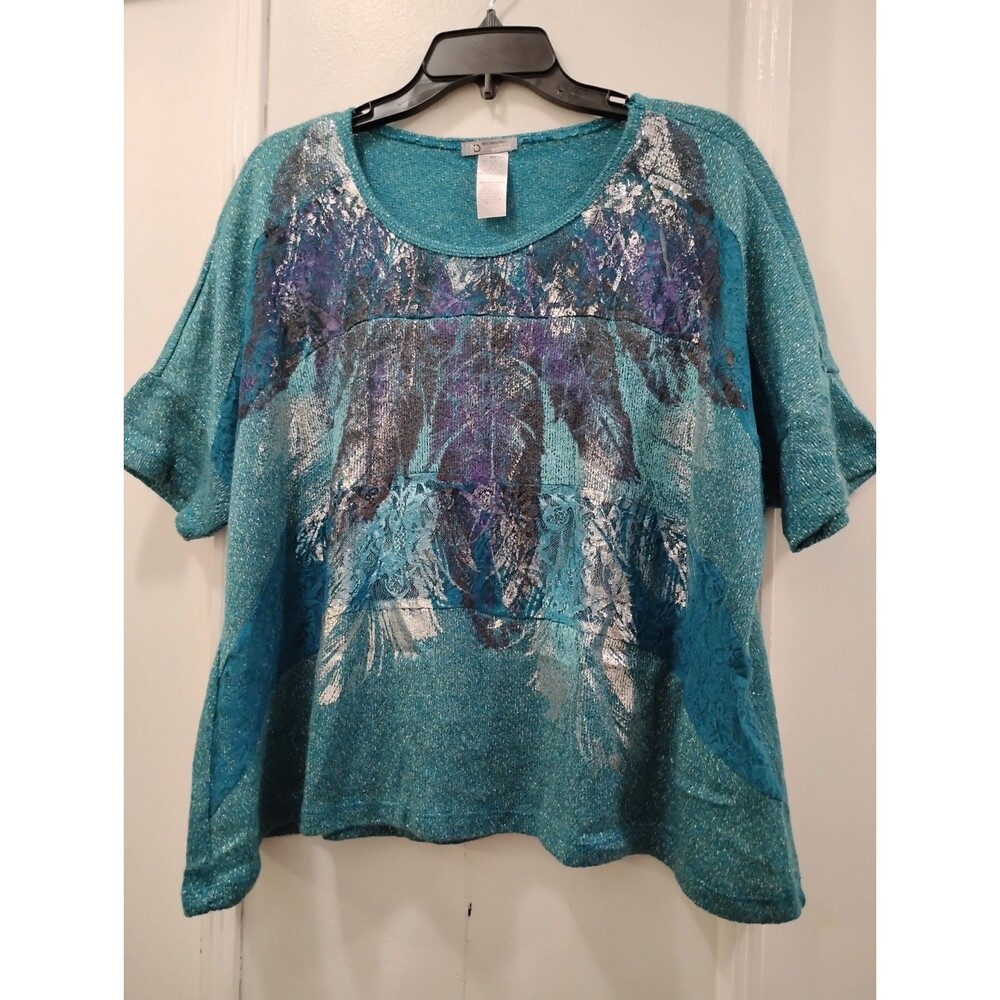ND Womens Blouse New Direction SZ XL Blue Green Short Sleeve Pullover Print Lace